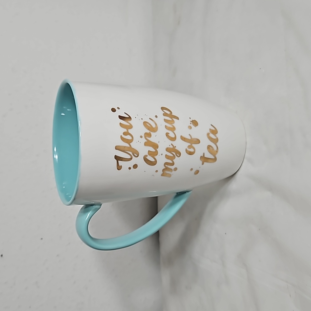 glossy blue, gold and white you are my cup of tea coffee mug